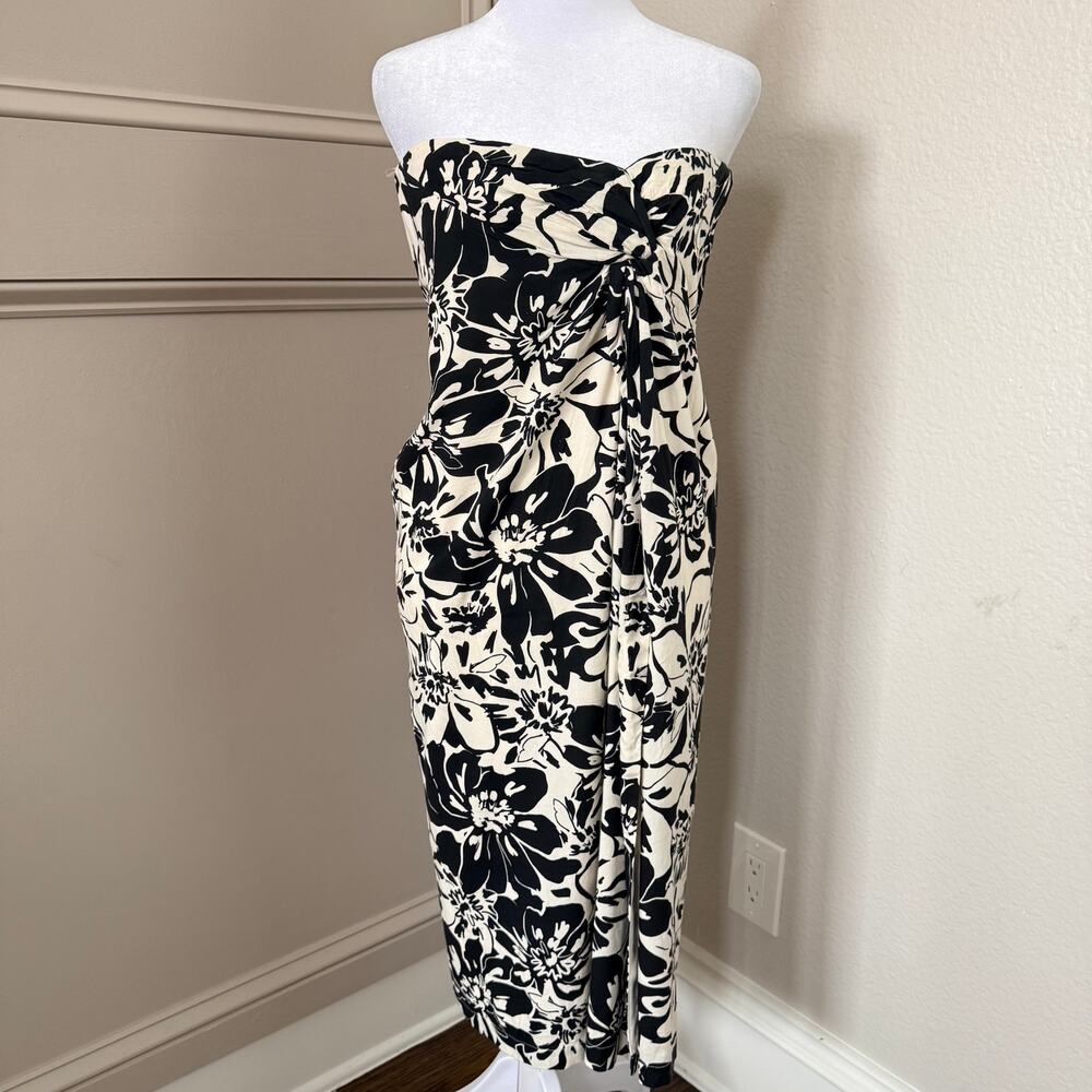 Japna S Black Cream Floral Strapless Sarong Rayon Midi Dress Beachy Vacation